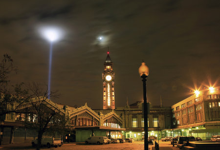 HOBOKEN, NJ - SEPTEMBER 11: Hoboken Terminal on the Hudson River. Ground zero beam is in the background.  Taken September 11, 2008 in Hoboken, NJ.のeditorial素材