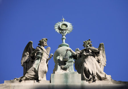 NEW YORK, NY - AUGUST 08: Rooftop of Saint Jean Baptiste showing angel statues. のeditorial素材