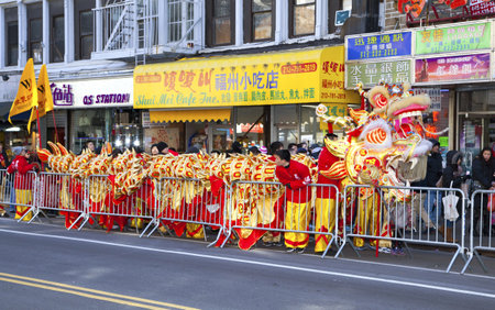 NEW YORK, NEW YORK - FEBRUARY 17: Workers put away dragon costume after the Chinese New Year parade.   Taken FEBRUARY 17, 2013 in  NYC.のeditorial素材