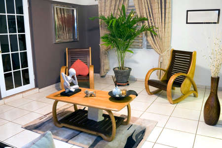 Modern living room in the Carribean with wood furniture.の写真素材