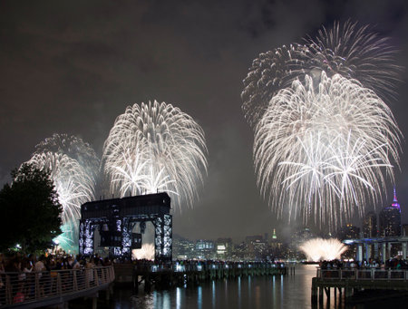 QUEENS, NEW YORK - JULY 4: Macy's independence day firework celebration in NYC as viewed from Gantry Plaza State Park in Long Island City.   Taken July 4, 2015 in Queens, NY.のeditorial素材