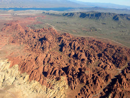 View by air of the rocky terrain of Nevada near Lake Meade in the USA.の写真素材