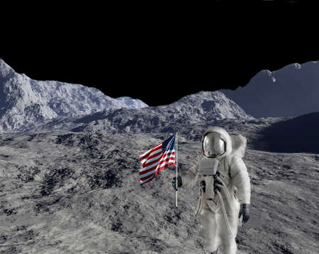 American astronaut against lunar type background.  Background was digitally created.の写真素材