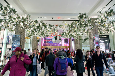 NEW YORK, NEW YORK, USA - DECEMBER 10: Shoppers visit Macy's department store in Herald Square and 34th street.  Taken December 10, 2015 in NY.のeditorial素材