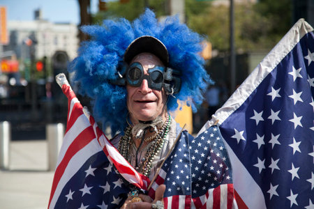 BRONX, NEW YORK - SEPTEMBER 4: Lenny Lipschitz wears American flags before game at Yankee Stadium  Taken September 4, 2015 in  New York.のeditorial素材