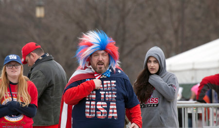 WASHINGTON, DC - JANUARY 20: Man wearing red, white and blue during Donald Trump Inauguration.  Taken January 20, 2017 in District of Columbia.のeditorial素材