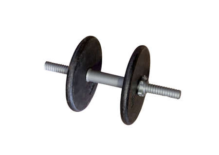 Iron dumbell weights against a white background.の写真素材