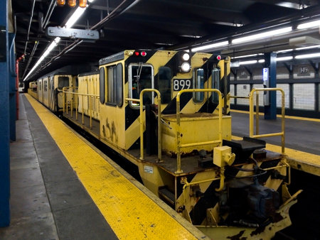 NEW YORK, NEW YORK, USA -JUNE 18: A General Electric SL 50 50T Diesel-Electric locomotive work car used to assist removing trash from subways.  Taken June 18, 2017 in New York.のeditorial素材