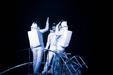 BROOKLYN, NEW YORK - FEBRUARY 25: Laszlo Simet, wife and partner dressed as astronauts  balance on Simet wheel at Barclays during Ringling Bros Barnun Baley Circus.  Taken February 25, 2017 in New York.のeditorial素材