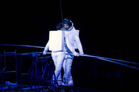 BROOKLYN, NEW YORK - FEBRUARY 25: Laszlo Simet and family dressed as astronauts  balance on Simet wheel at Barclays during Ringling Bros Barnun Baley Circus.  Taken February 25, 2017 in New York.のeditorial素材