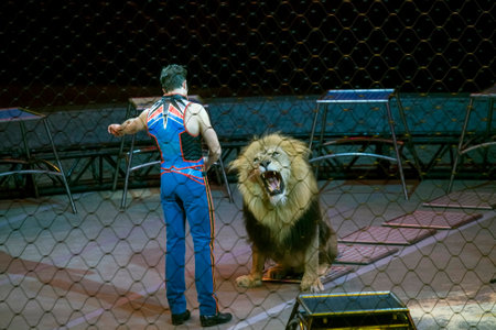 BROOKLYN, NEW YORK - MARCH 3: Alexander Lacey performs with lion during Ringling Bros show.  Taken March 3, 2017 in New York.のeditorial素材