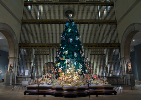 NEW YORK, NEW YORK/USA - December 17, 2018: Christmas tree at Medieval Sculpture Hall inside Metropolitan Museum of Art on 5th avenue Manhattan.のeditorial素材