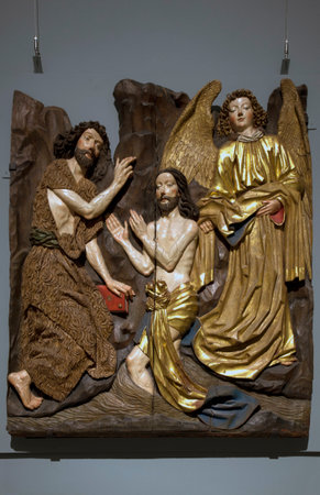NEW YORK, NEW YORK/USA - December 17, 2018: Limewood carving of Saint John baptizing Jesus housed inside Metropolitan Museum of Art.のeditorial素材