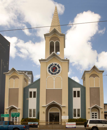 PUEBLO BAYAMON/PUERTO RICO - February 26, 2019: Front entrance to Iglesia de Dios Pentecostal M I. Church.のeditorial素材