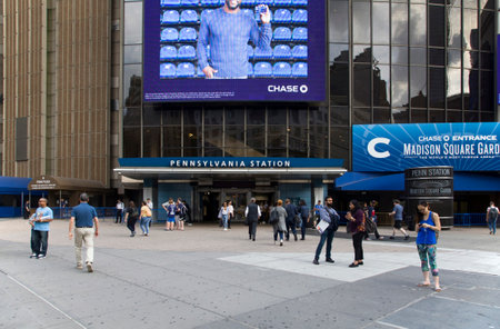 NEW YORK, NEW YORK/USA - June 25, 2019: Front entrance to Pennsylvania station in Manhattan.