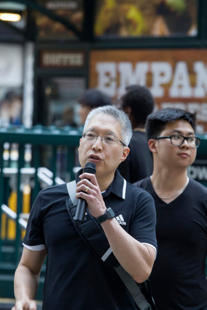 NEW YORK, NEW YORK/USA - July 27, 2019: Bob of Church of Jesus speaks during evangalizing event outdoors on Herald Square.のeditorial素材