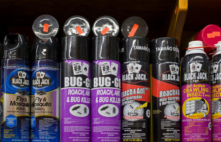 BRONX, NEW YORK/USA - May 6, 2019: Several roach and insect sprays on grocery store shelf.のeditorial素材