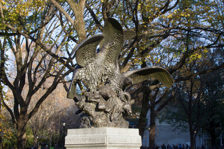NEW YORK, NEW YORK/USA - November 11, 2018: Central Park Eagles and Prey sculpture by artist...