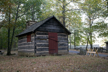 A reconstructed Revolutionary War encampment soldiers hut in Fort Lee Historic park New Jersey.のeditorial素材