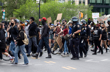 NEW YORK, NEW YORK/USA - June 2, 2020: Police monitor crowd on Union Square during George Floyd...