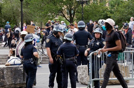 NEW YORK, NEW YORK/USA - June 2, 2020: Police monitor protesters on Union Square during George Floyd protest.のeditorial素材