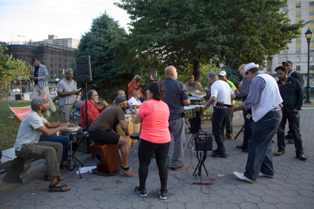BRONX, NEW YORK/USA - September 9, 2019: Members of  La'FroJaz participate in a free outdoor jam at Joyce Kilmer park.のeditorial素材