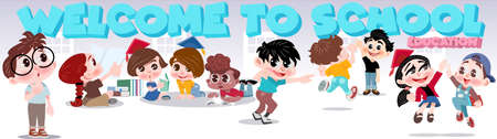 Vector cartoon image Welcome to the school. There are many children's characters.のイラスト素材