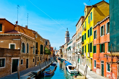 Venice, Italy - canal, boats and housesの写真素材