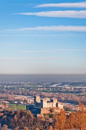 famous Torrechiara Castle and valley in a sunny winter dayのeditorial素材