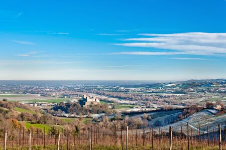 famous Torrechiara Castle and valley in a sunny winter dayのeditorial素材