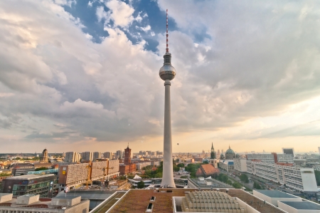 Berlin, Germany - June 7, 2013  panoramic view over television tower and Berlin downtown   The television tower of Berlin represents the tallest building in Germany with a height of 368mのeditorial素材