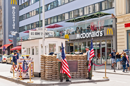 BERLIN, GERMANY - JUNE 10  former border cross checkpoint  Point Charlie  on June 10, 2013 in Berlin  It s the best-known Berlin Wall crossing point between East and West Berlin during the Cold War のeditorial素材