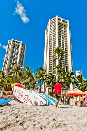 HONOLULU, HAWAII - SEPTEMBER 7, 2013  Surfboards and hotels at famous Waikiki Beach in Honolulu  Oahu, Hawaii のeditorial素材