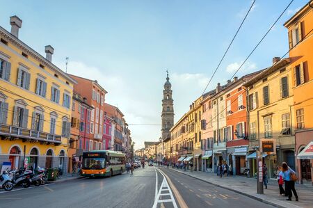 PARMA, ITALY - SEPTEMBER 10, 2014: day view of downtown main street with shops and citizens in Parma, Italy. Parma is famous for its prosciutto (ham), cheese, architecture and musicのeditorial素材