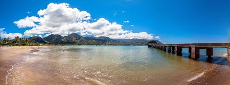 Kauai, HI, USA - August 31, 2013: tourists on Pier and bathing in Hanalei Bay, Kauai Island (Hawaii)のeditorial素材