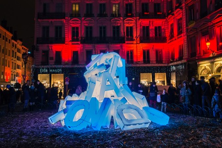 LYON FRANCE  DECEMBER 6 2014: street view of Festival of Lights in Lyon France. The origins of this festival named Fete des Lumieres date to 1643.のeditorial素材