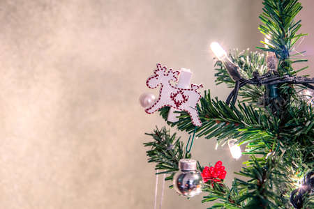 detail of Christmas tree decorated with handmade animal decorationの写真素材