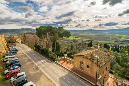 PIENZA, ITALY - January 25, 2015: panoramic view of Val dOrcia valley from Pienza, Italy. In 2004 the Val dOrcia was added to the UNESCO list of World Heritage Sitesのeditorial素材