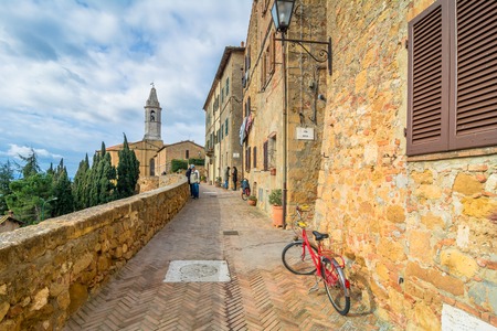 PIENZA, ITALY - January 25, 2015: Street view of historic center and Val dOrcia valley in Pienza, Italy. In 2004 the Val dOrcia was added to the UNESCO list of World Heritage Sites.のeditorial素材