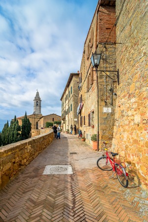 PIENZA, ITALY - January 25, 2015: Street view of historic center and Val dOrcia valley in Pienza, Italy. In 2004 the Val dOrcia was added to the UNESCO list of World Heritage Sites.のeditorial素材