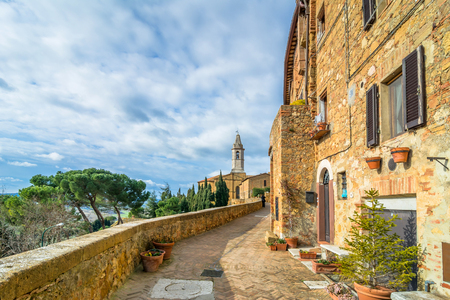 PIENZA, ITALY - January 25, 2015: Street view of historic center and Val dOrcia valley in Pienza, Italy. In 2004 the Val dOrcia was added to the UNESCO list of World Heritage Sites.のeditorial素材