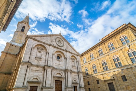 PIENZA, ITALY - January 25, 2015: Street view of historic center and Val dOrcia valley in Pienza, Italy. In 2004 the Val dOrcia was added to the UNESCO list of World Heritage Sites.のeditorial素材