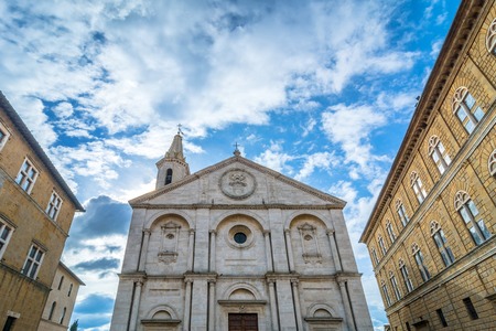 PIENZA, ITALY - January 25, 2015: Street view of historic center and Val dOrcia valley in Pienza, Italy. In 2004 the Val dOrcia was added to the UNESCO list of World Heritage Sites.のeditorial素材