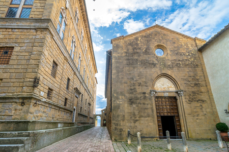 PIENZA, ITALY - January 25, 2015: Street view of historic center and Val dOrcia valley in Pienza, Italy. In 2004 the Val dOrcia was added to the UNESCO list of World Heritage Sites.のeditorial素材