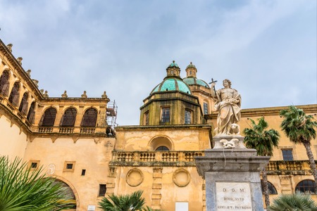 MAZARA DEL VALLO, ITALY - FEBRUARY 22, 2014: day view of main square with San Vito statue and Cathedral dome in Mazara del Vallo, Italy. Mazara port gives shelter to the largest fishing fleet in Italyのeditorial素材