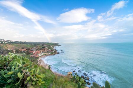 SCIACCA, ITALY - FEBRUARY 22, 2014: panoramic view of coastline with dramatic sky in Sciacca, Italy. Sciacca is known as the city of thermal baths since Greek domination in the 3rd and 4th centuries BCのeditorial素材