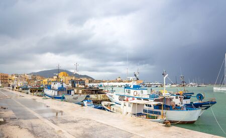 TRAPANI, ITALY - FEBRUARY 25, 2014: day view of harbor and waterfront in Trapani, Italy. The city is an important fishing port and the main gateway to the nearby Egadi Islandsのeditorial素材