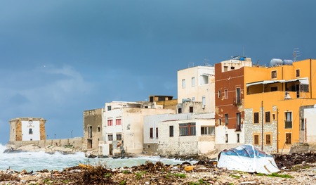 TRAPANI, ITALY - FEBRUARY 25, 2014: day view of harbor and waterfront in Trapani, Italy. The city is an important fishing port and the main gateway to the nearby Egadi Islandsのeditorial素材