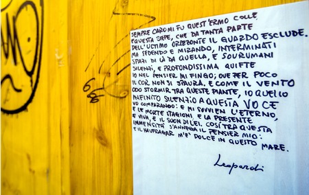 POTENZA, ITALY - MARCH 13, 2015: detail of public wall with Giacomo Leopardi quotation in Potenza, Italy. Giacomo Leopardi, a significant figure of the Italian Romanticism era, was declared the greatest Italian poet of the 19th centuryのeditorial素材