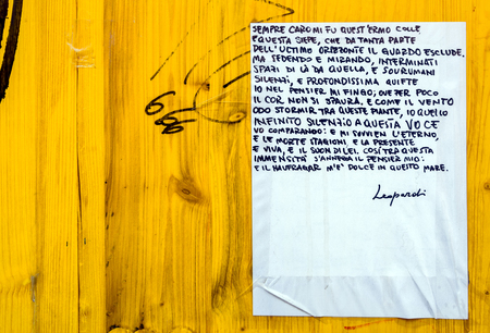 POTENZA, ITALY - MARCH 13, 2015: detail of public wall with Giacomo Leopardi quotation in Potenza, Italy. Giacomo Leopardi, a significant figure of the Italian Romanticism era, was declared the greatest Italian poet of the 19th centuryのeditorial素材